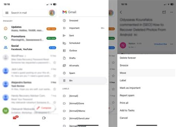 How do I retrieve deleted emails from iPhone trash?