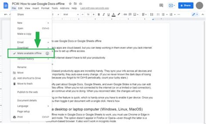 How do you turn on offline editing on Google Docs?